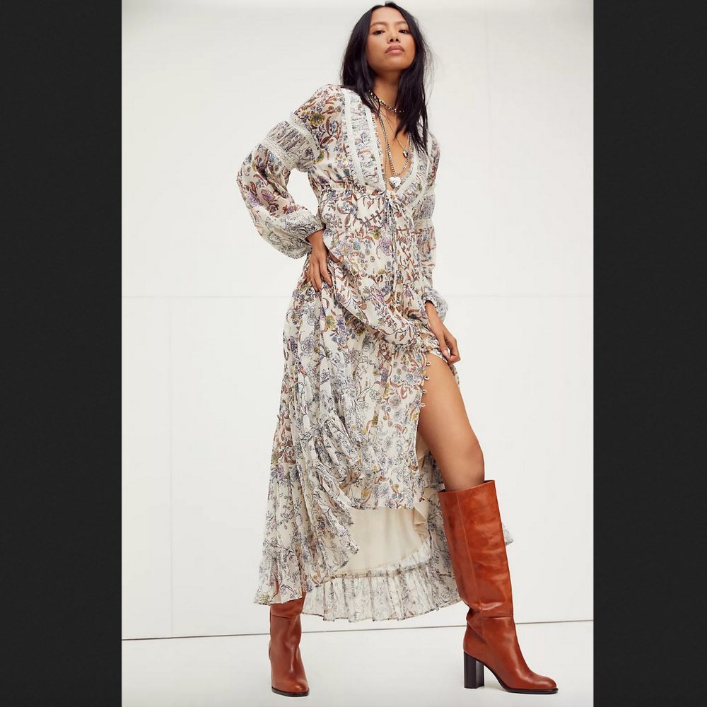Free People L Cassis Printed Chiffon Dress